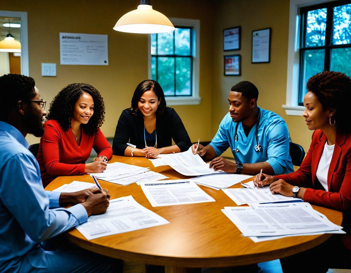 A vibrant scene depicting a diverse group of people collaborating in a community healthcare setting, with documents labeled 'Affordable Rehabilitation' and 'Healthcare Coverage' spread out on a table. Include warm colors and symbols of hope, like a shining lightbulb above their heads. The backdrop features a community center, embodying accessibility and support. super-realistic. vibrant colors. warm tones.
