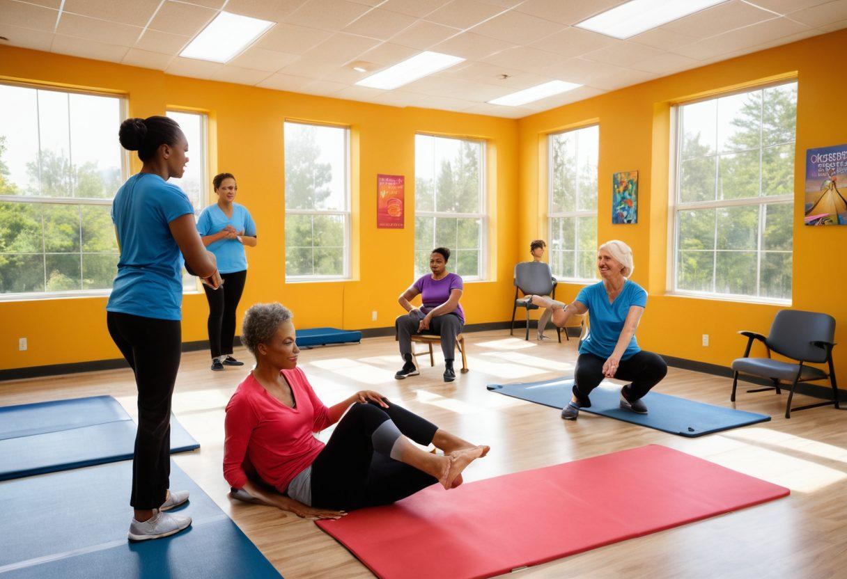 An inspiring scene of a diverse group of individuals engaging in various physical therapy exercises, showcasing a therapist guiding them with encouraging gestures. Bright and airy therapy environment filled with rehabilitation equipment and motivational posters on walls, symbolizing hope and recovery. Emphasize a harmonious blend of physical activity and support, highlighting benefits of rehabilitation. super-realistic. vibrant colors. bright background.
