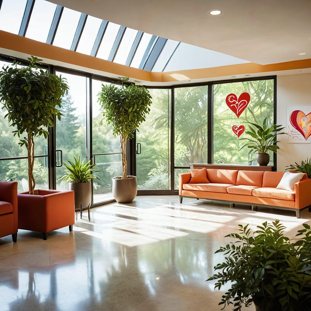 A serene healthcare scene depicting a diverse group of patients receiving attentive care from compassionate healthcare professionals. Include symbols of wellness like a heart, medical symbols, and holistic elements such as plants and sunlight. The environment should radiate positivity and hope, illustrating long-term support through engaging visual elements. The color palette should be warm and inviting, evoking a sense of security and healing. super-realistic. vibrant colors. soft background.